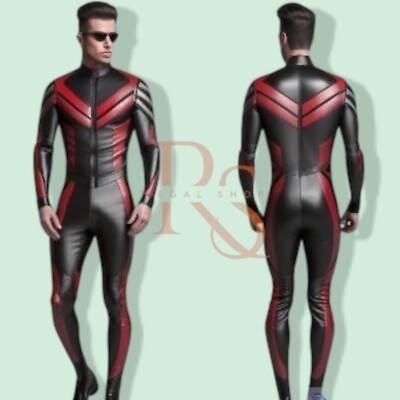 Men's Black & Red Leather Catsuit Genuine Lambskin Biker Jumpsuit Slim Fit Suit