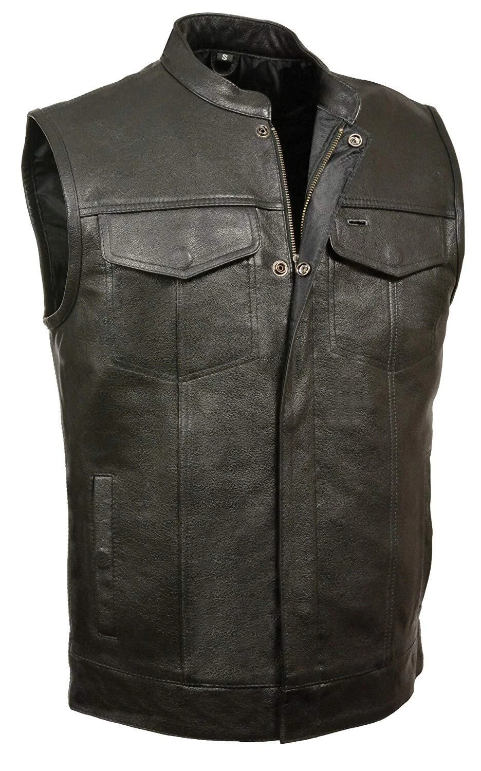 MENS MOTORCYCLE OPEN NECK PREMIUM LEATHER VEST w/ DUAL CONCEAL GUN POCKETS -SACI