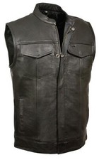 MENS MOTORCYCLE OPEN NECK PREMIUM LEATHER VEST w/ DUAL CONCEAL GUN POCKETS -SACI