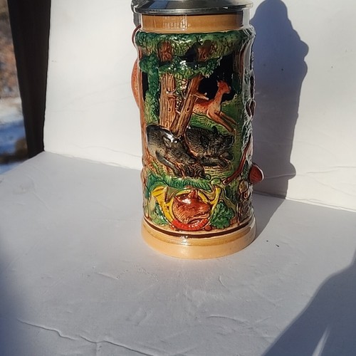 Vintage Large German Beer Stein Fox Handle Deer Elk Stag Wild Boar Mug 1.75L - Picture 6 of 15