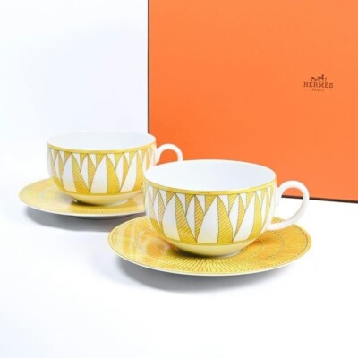 Hermes Soleil d'Hermes Mornig Cup and Saucer 2 set yellow porcelain tea coffee