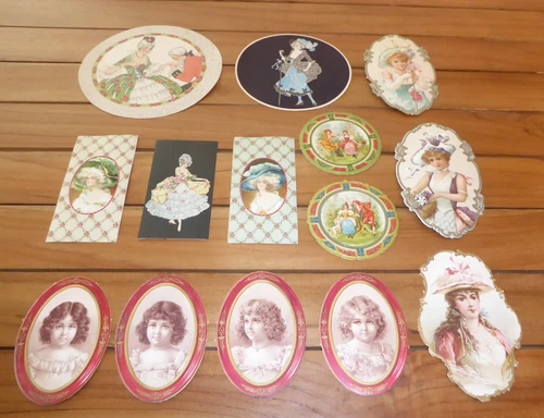 14 ANTIQUE VICTORIAN ERA DIE CUT FASHION CHILDREN CARDBOARD PAPER LABELS 1890S