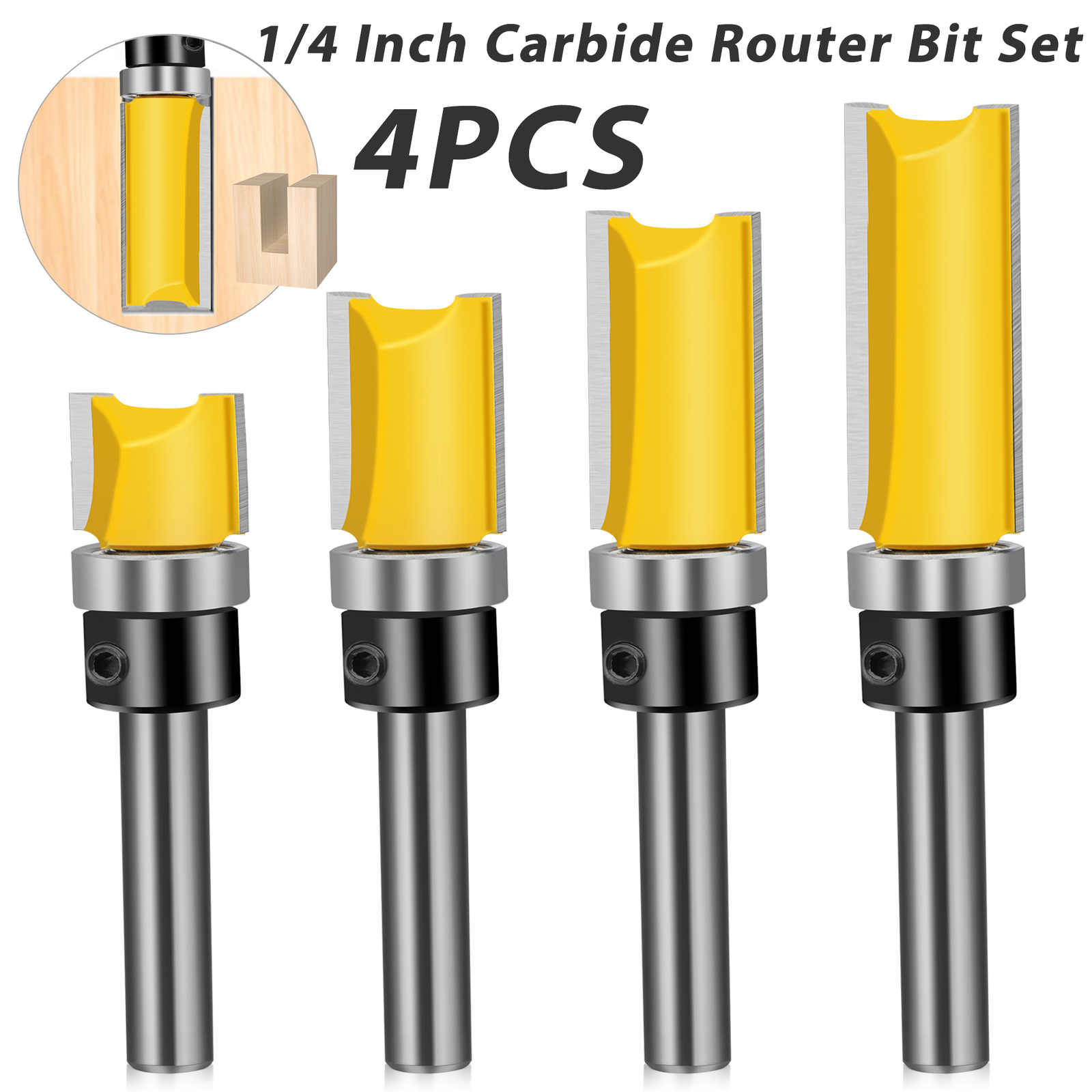 4X 1/4 Inch Shank Top Bearing Flush Trim Carbide Router Bit Set Woodworking Tool