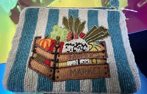 NWT Anthropologie Fiona Beaded Farmer’s Market And Stripe Pouch Small