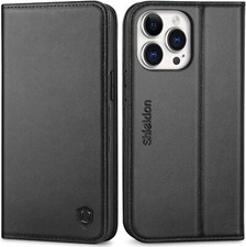 Black Genuine Leather Wallet Case For Iphone 14 Pro Max With Rfid Blocking