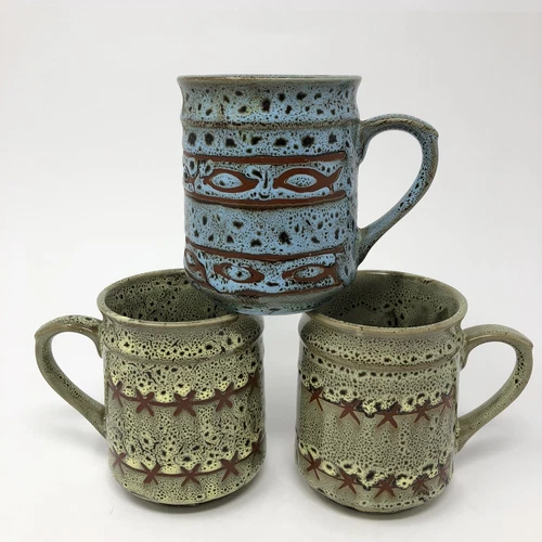 Vintage Stoneware Mugs Speckled Green Blue Retro Boho Farm Rustic Lot of 3