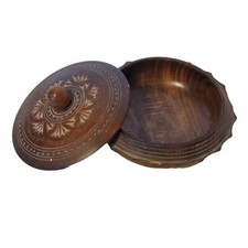 Pretty Hand Carved Decorative Wooden Bowl with Lid Please Read