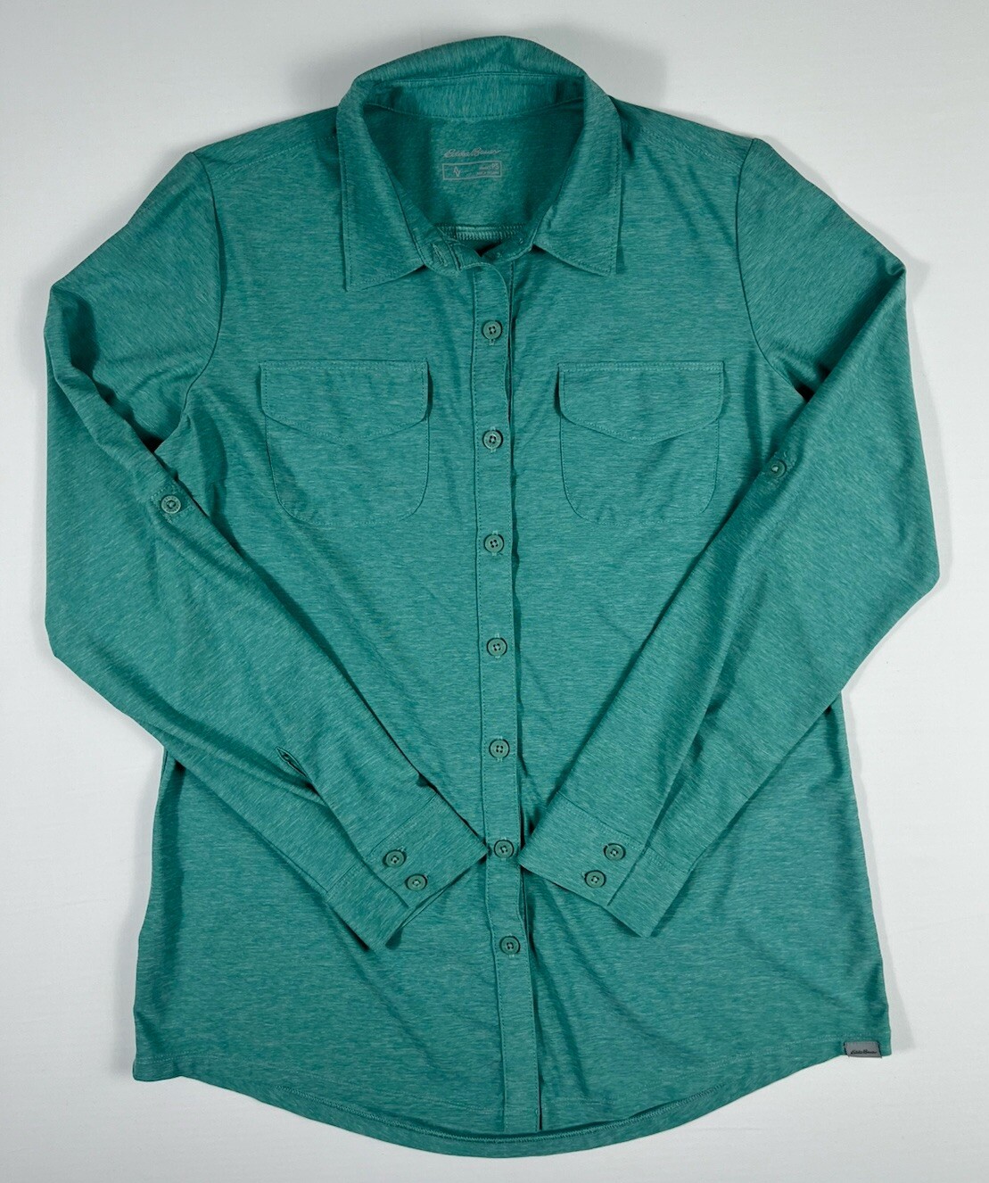 Eddie Bauer Womens Petite Roll Tab Sleeve Button Down Shirt in Green