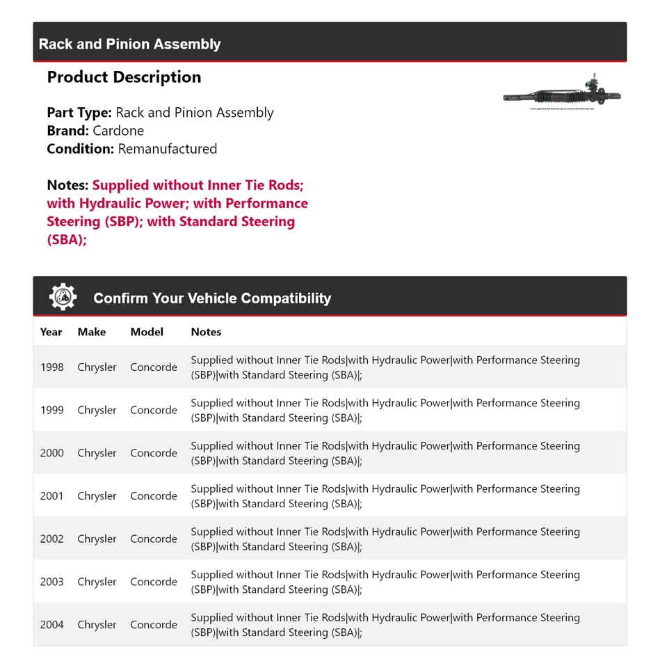 Conjunto de cremallera y piñón Cardone para Chrysler Concorde 1998-2004 1999 2000 2001 Foto 2 de 4