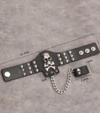 Bracciale Uomo teschio con anello pelle sintetica borchie punk nero catena