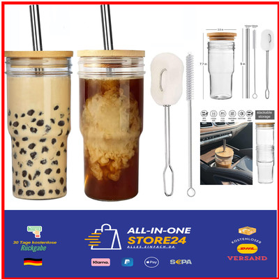 Bubble Tea Becher 2er Set 650ml Glas Trinkglas Smoothie Einmachglas Edelstahl