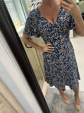 CHAPS Women's L Dress Jersey V Neck Midi Maxi Blue Tan Black Flutter Sleeve