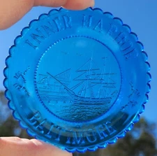 Millville Art Glass Inner Harbor Baltimore Bright Blue Glass Embossed Cup Plate