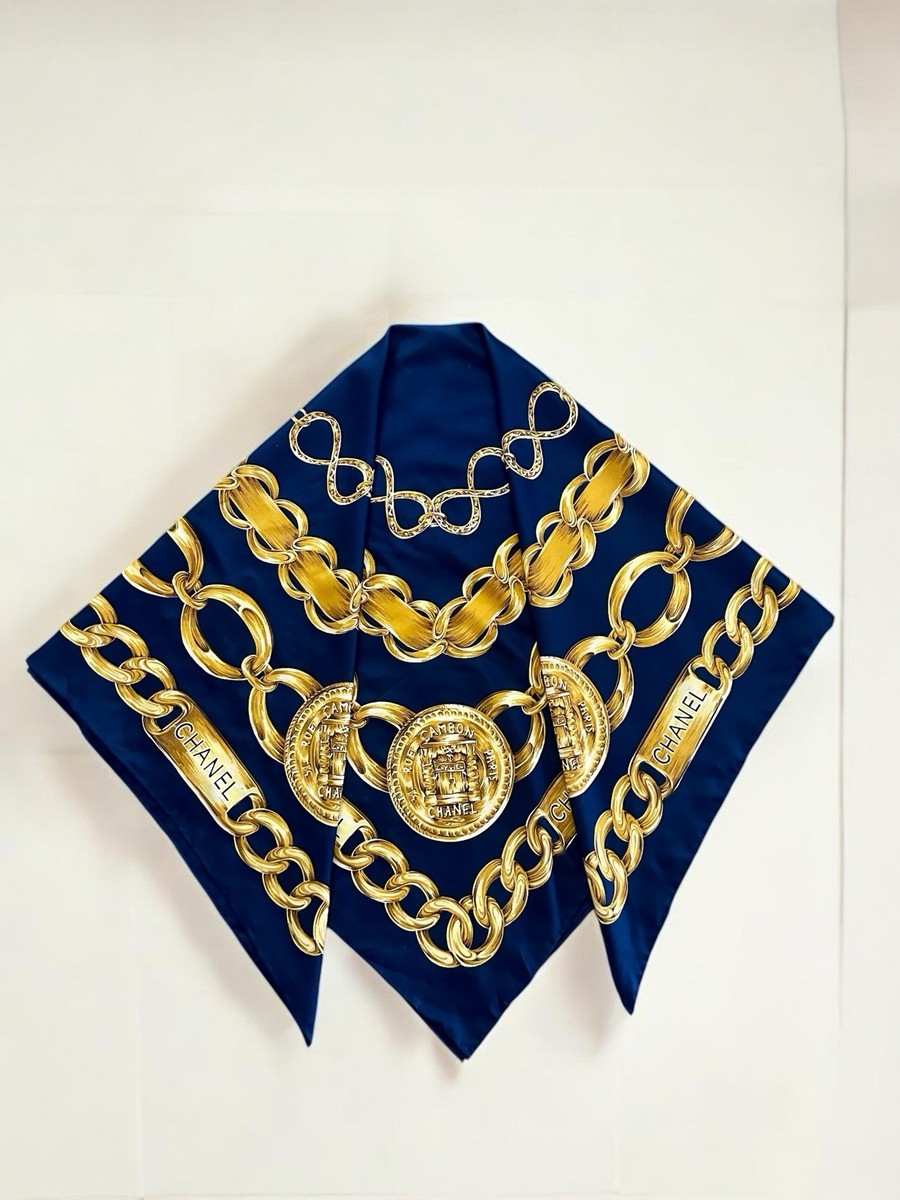 Rare VINTAGE CHANEL Silk Scarf 31 Rue Cambon Paris Gold Chain Link
