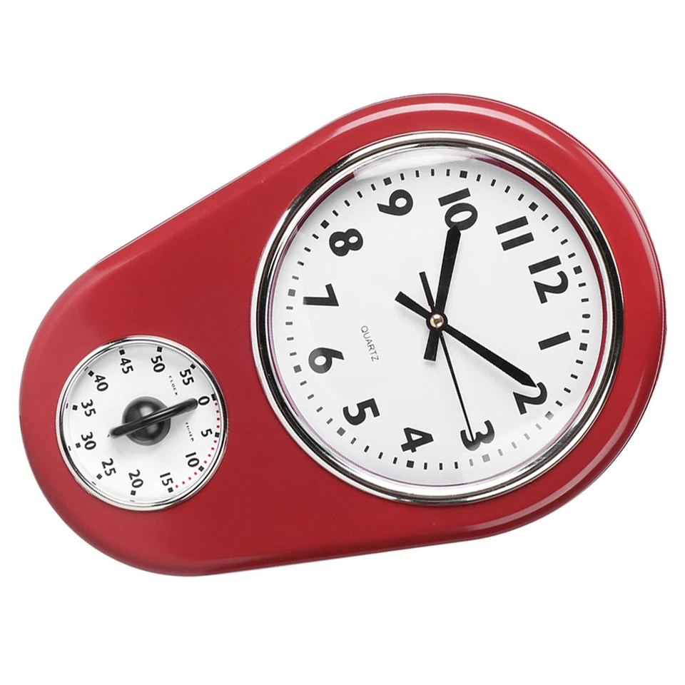Küchen-Wanduhr Mit Timer Rot ABS-Glas Vintage-Stil Große Uhr - Bild 4 von 4