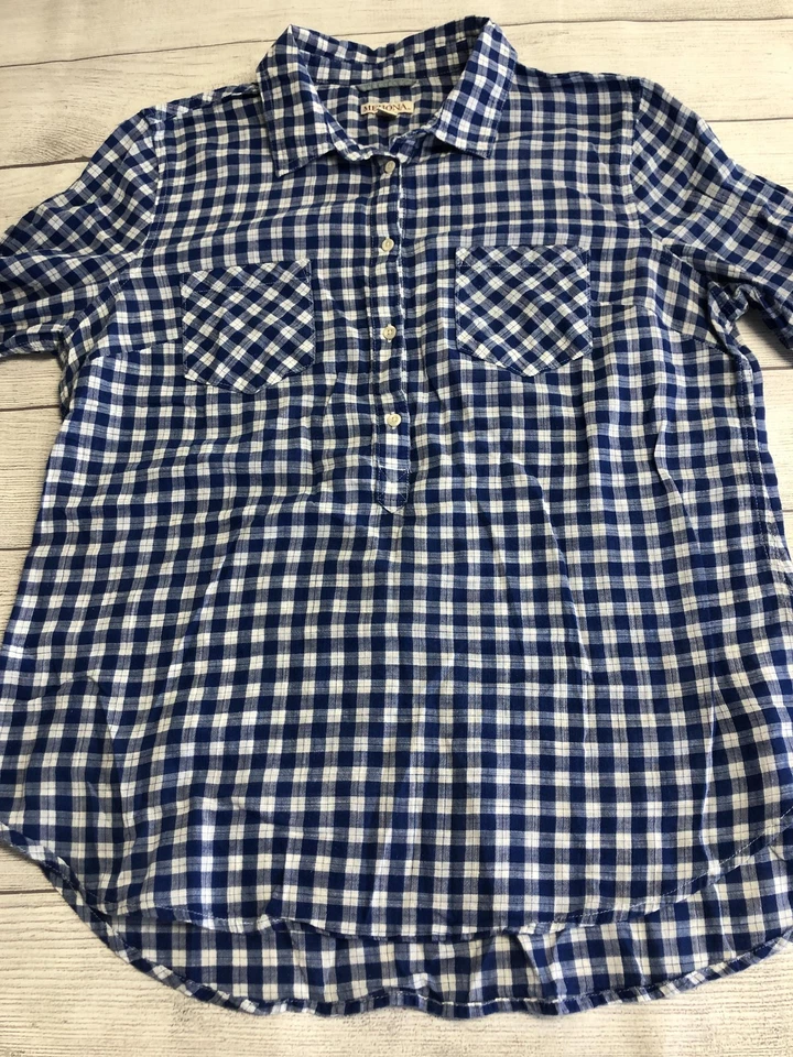 Camisa Merona Mujer Extra Grande Azul Blanco Guinga Popover Henley Algodón Cuadros Foto 2 de 4