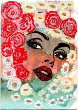 Floral Crown Portraits Card #39 1/4 Original Art Handmade Hero Card Mix Media