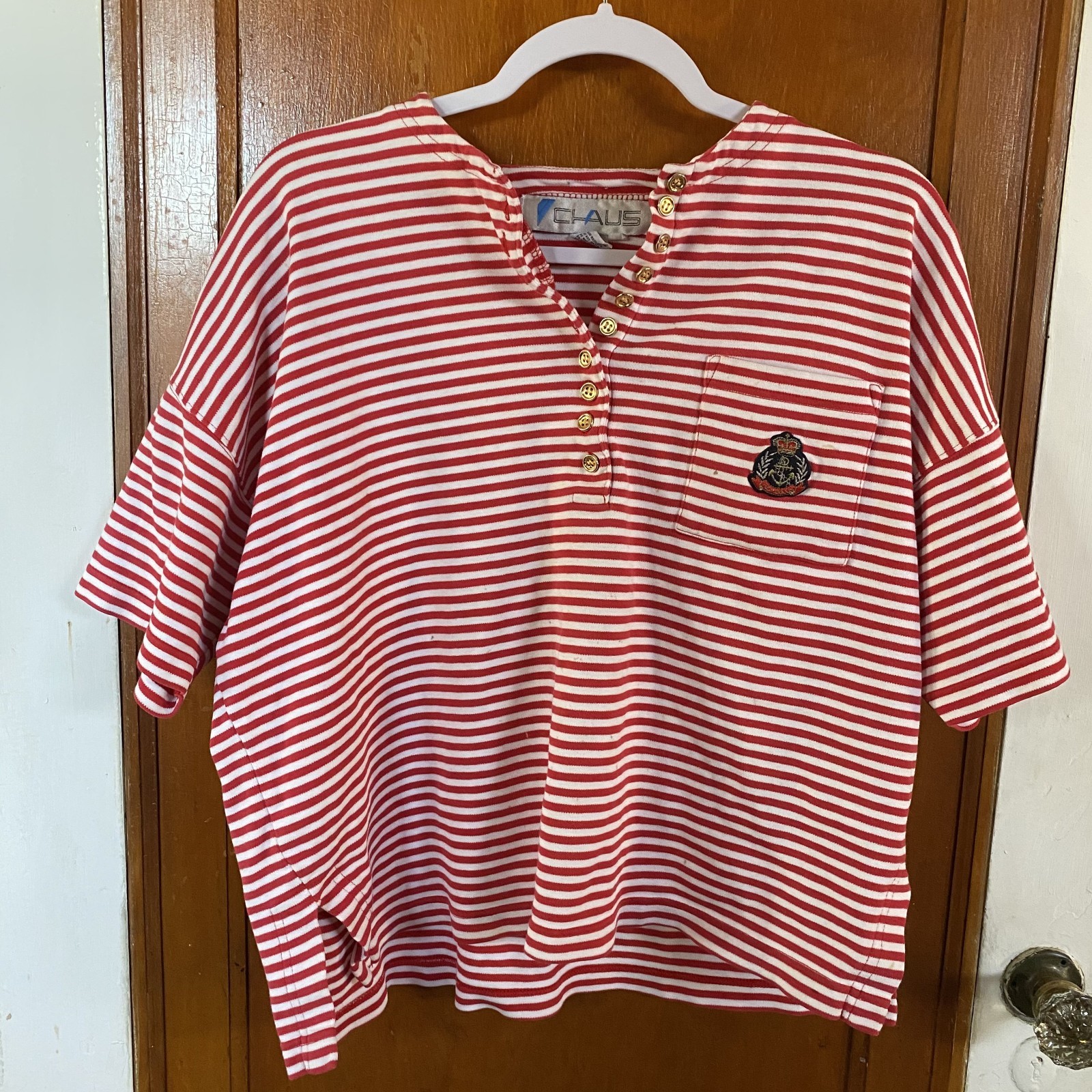 *SOLD* Vintage Chaus Red & White Striped Top Embroidered Shield Nautical Sailor