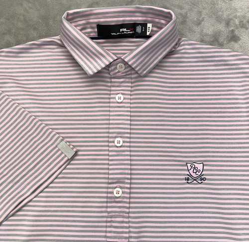 RLX RALPH LAUREN Men Golf Polo Shirt Pink Striped PLAINSFIELD COUNTRY CLUB Small