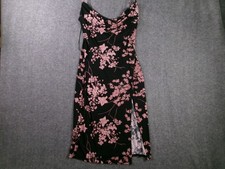 Windsor Slip Dress Women M Black Pink Floral Cowl Neck Spaghetti Strap Side Slit