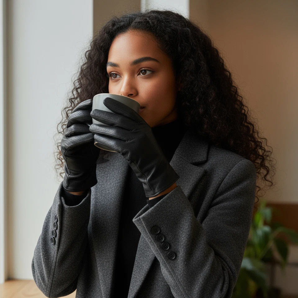 Vintage 1980's Fownes Leather Gloves Black Wrist Driving Perforated Sz 7.5 - Image 2 of 4