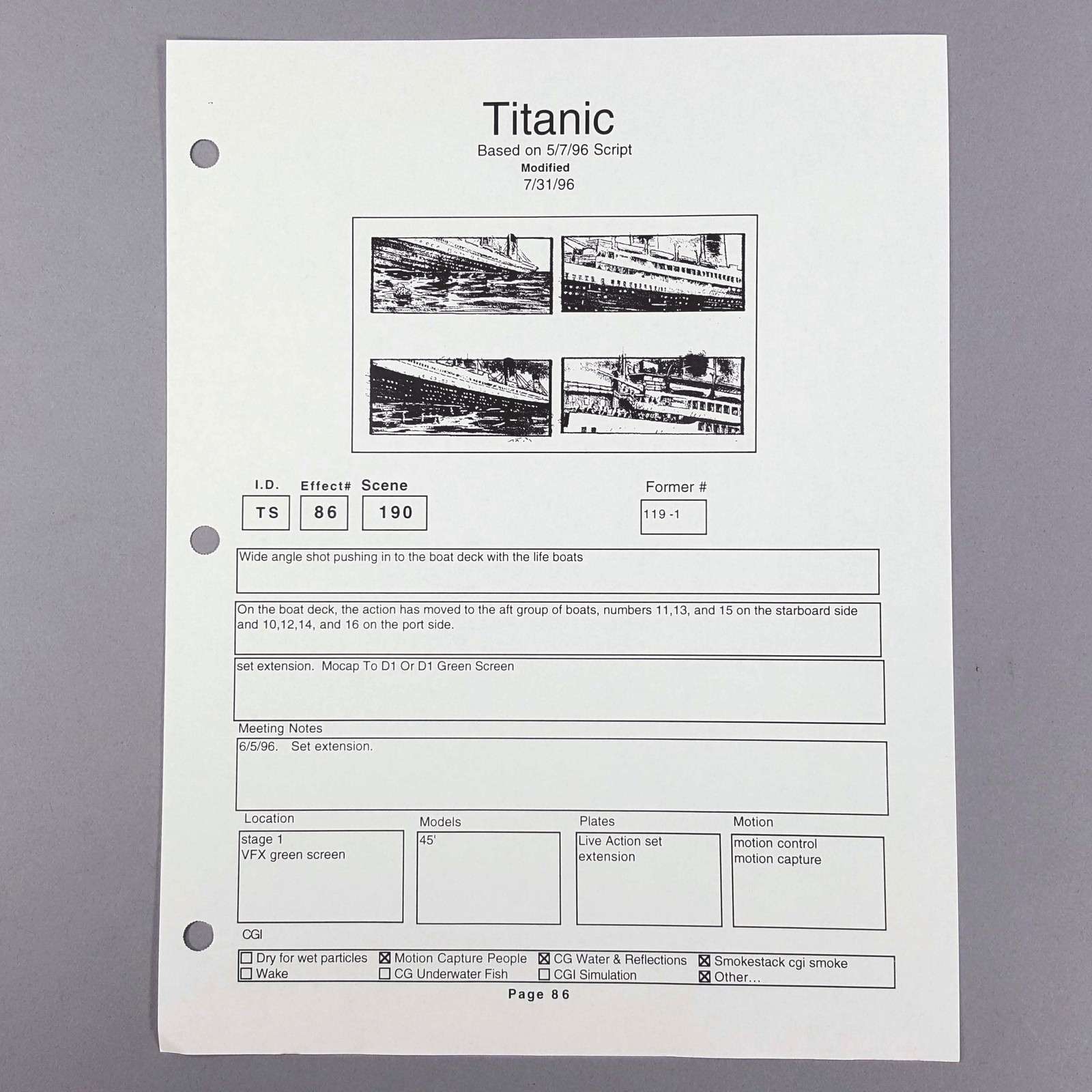 Titanic VFX Shot Breakdown Sheet Boat Deck Lifeboat Loading Original Movie Prop