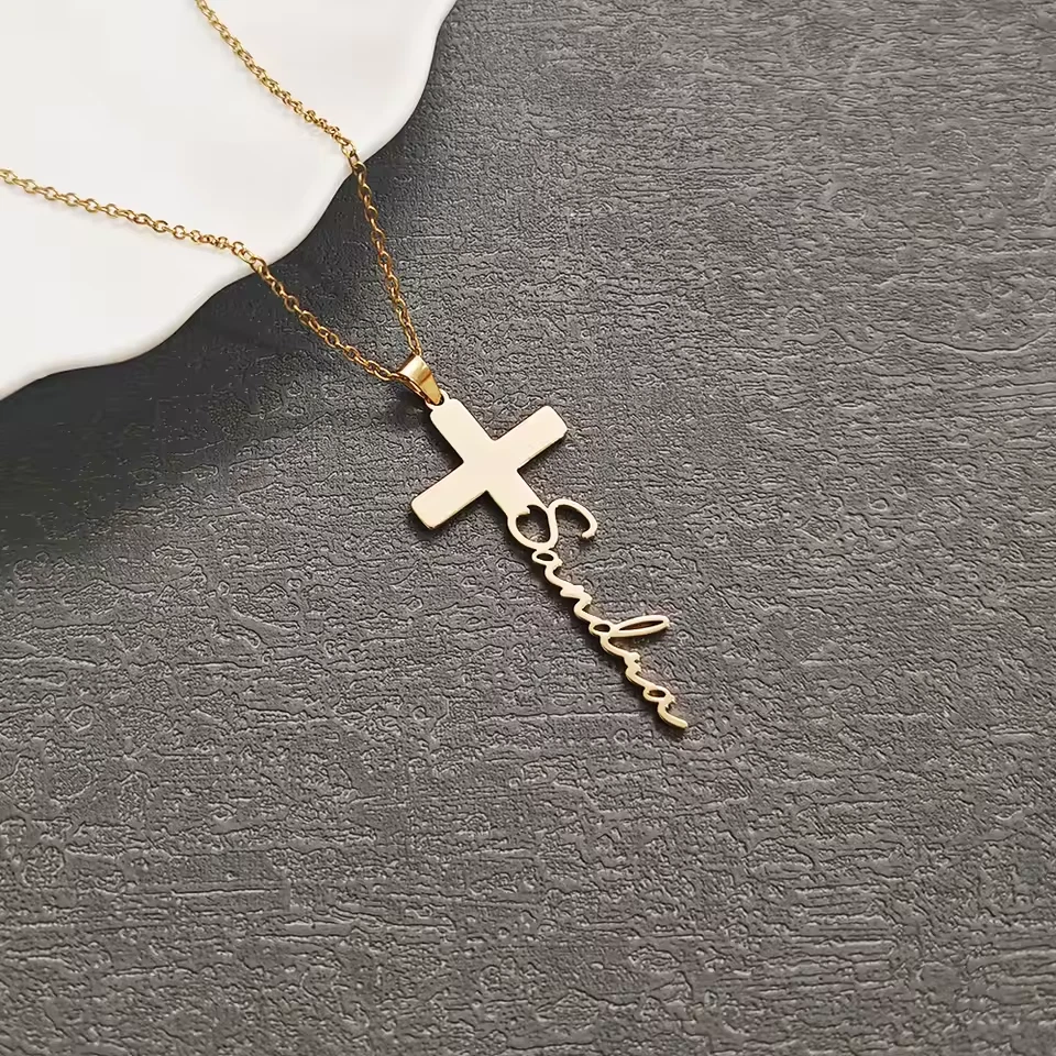 Custom Cross Name Necklace Personalized Pendant Stainless Steel Jewelry Gold - Image 3 of 4