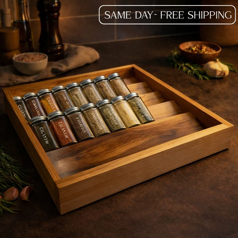 Wooden Spice Organizer Box | Kitchen Drawer & Countertop Storage