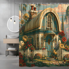 Whimsical Cottage House Shower Curtain Floral Garden Scene