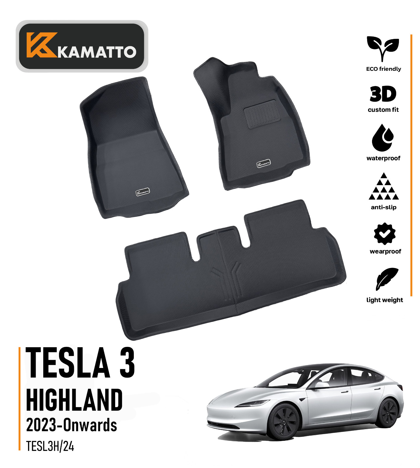 3D TPE Car Floor Mats Tesla Model 3 Highland 2024-Onwards All Weather Heavy Duty
