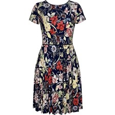 Maggy London Floral Fit and Flare Dress Navy Blue Multicolor Short Sleeve Size 6