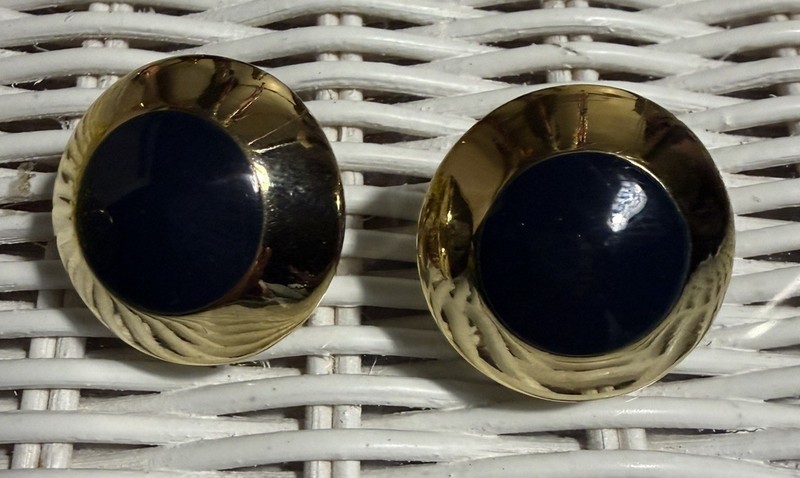 Vintage Signed St. Johns gold tone and navy blue enamel clip on earrings.  1 in.