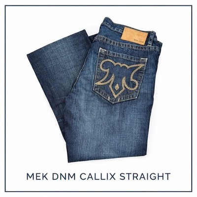 MEK DNM Calix Straight Leg Jeans Mens 36x34 Dark Wash Embroidered Heavy Stitch