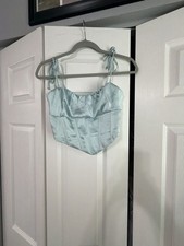 LA Hearts Light Blue Satin Corset Tie-Strap Crop Top