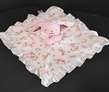 Little Me Bunny Lovey Plush Security Blanket Floral Satin Trim Back White Pink