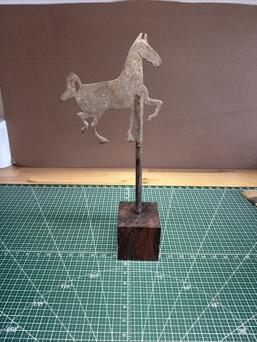 Sheet Metal Folk Art “Weather Vane” Horse On Wooden Base 19” Tall