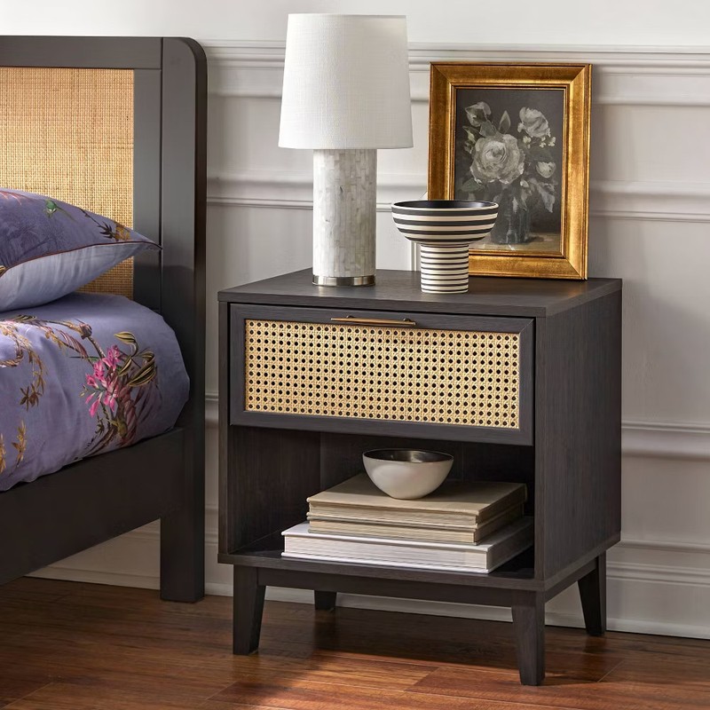 Buylateral Andros Night Stand with Faux Cane Drawer Front Black/Natural: