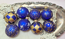 Glass Christmas Ornaments SMALL Tree Blue with Stencil Set of 8