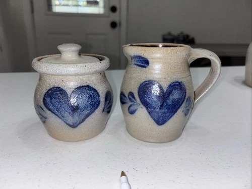 Rowe Pottery Works Heart Cream and Sugar Set 1989 Pottery Vintage
