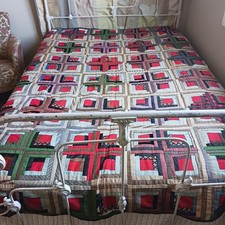 Antique Hand Sewn Wool, Cotton, Satin Log Cabin Quilt