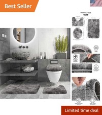 3-Piece Soft Microfiber Bath Rug Set - Non-Slip Machine Washable, Grey