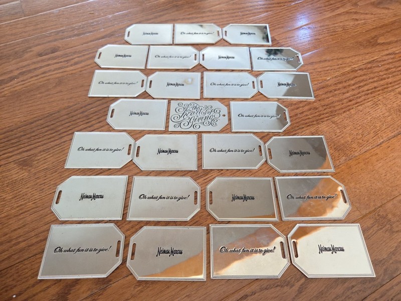 Lot 25 Neiman Marcus Christmas Silver Metal Gift Tags Ornaments 3x2" Oh What Fun
