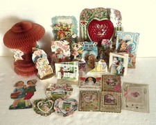 21 Vtg Valentine Cards Stand-up Honeycomb Tissue Die Cut Cupid Kids Floral Heart