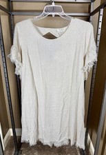 NWT Umgee Oatmeal Linen Blend Short Dress w/ Fringe Sleeves & Hem Size 1X