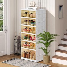 Foldable Storage Box - Clear Stackable Shoe Organizer with Lids - Large 6 Lay...
