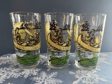 SET 3 DRINKING GLASSES 1950 s DAVY CROCKETT HERO OF ALAMO INDIAN FIGHTER GREEN