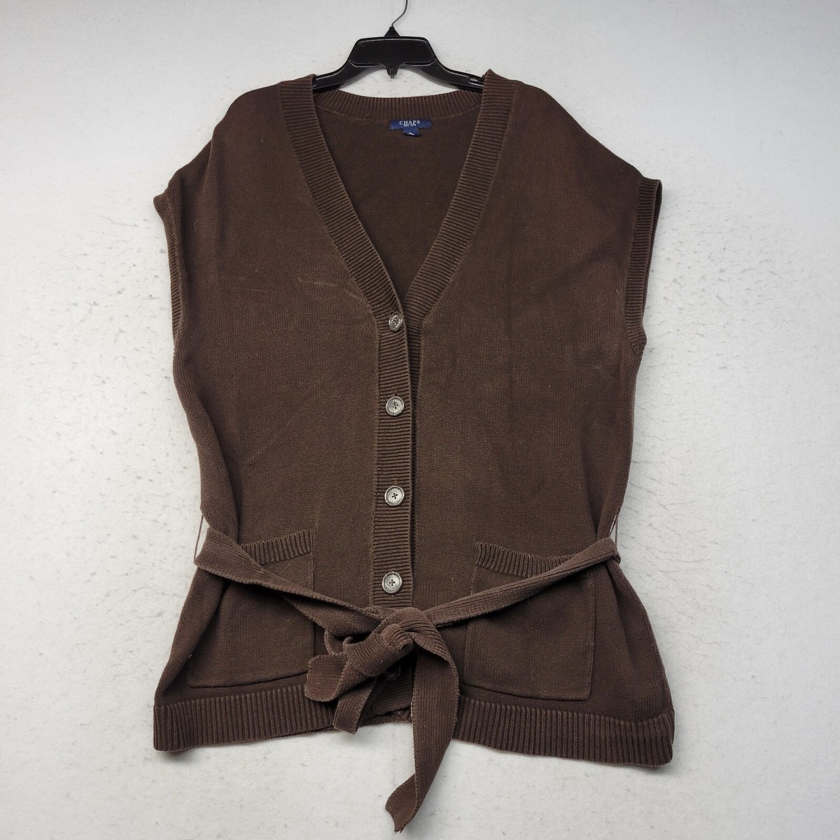 Chaps Sweater Womens Plus 2X Brown Cardigan Knit Sleeveless Belted