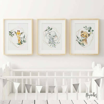 Neutral Nursery Wall Art Prints Elephant Giraffe and cheetah set of three prints