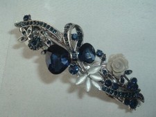 VINTAGE BLUE RHINESTONE FLORAL METAL HAIR BARRETTE UP DO ACCESSORY