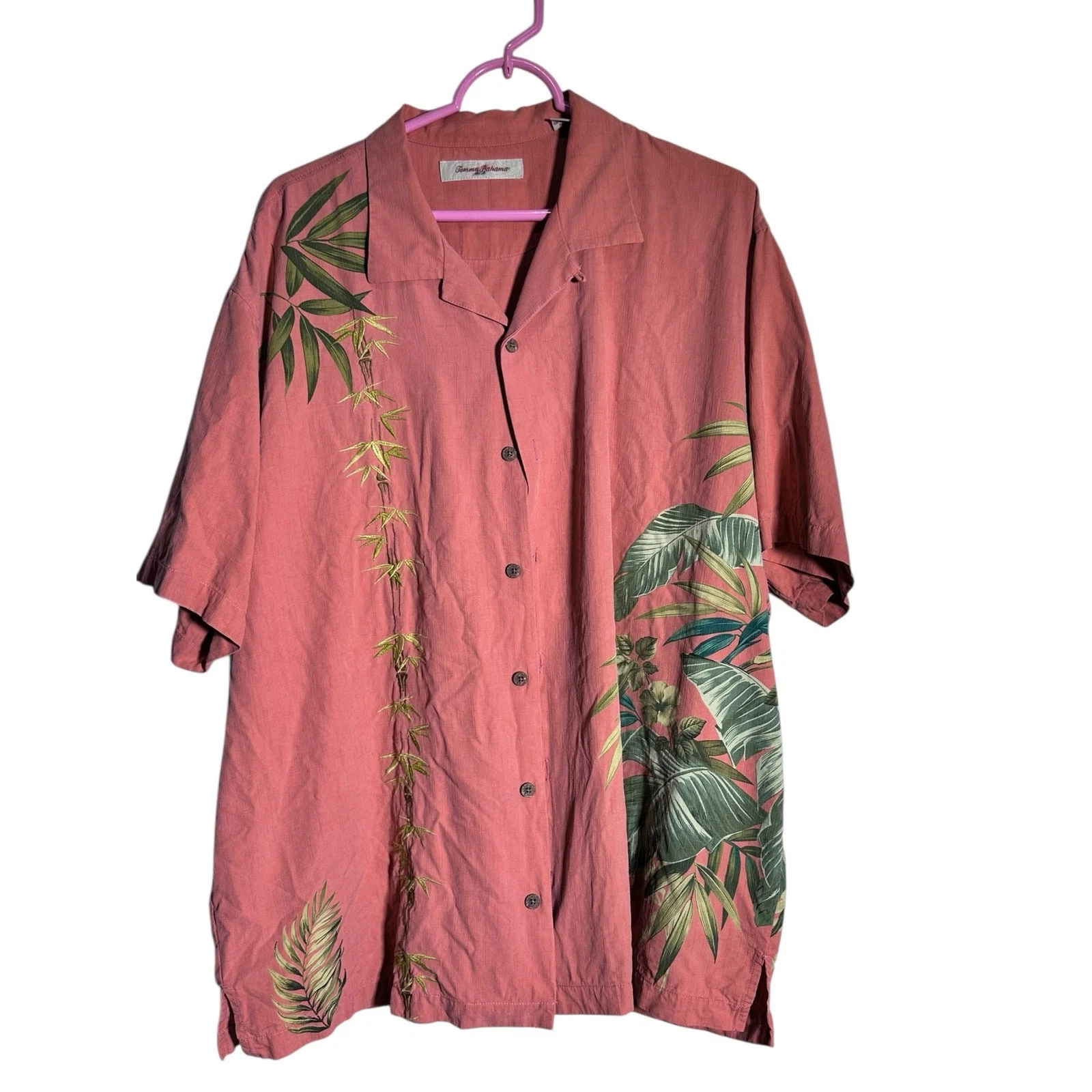 Tommy Bahama Coral 100% Silk Hawaiian Short Sleeves Button Down Shirt Size XL